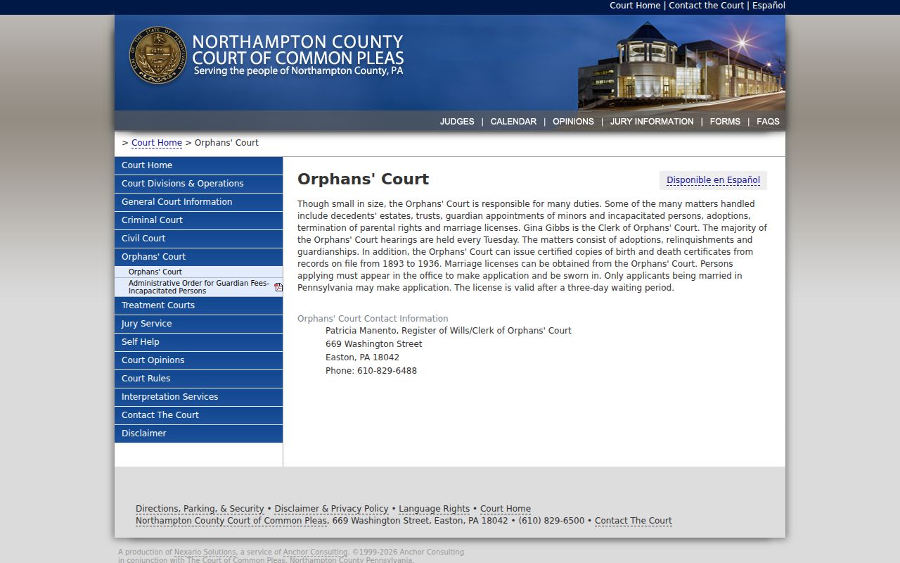 Easton residents directory Northampton County Orphans Court record access page